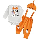 Karuedoo My 1st Halloween Baby Boy Outfit Long Sleeve Bowtie Romper Suspender Pants with Hat 3 Piece Fall Clothes Sets