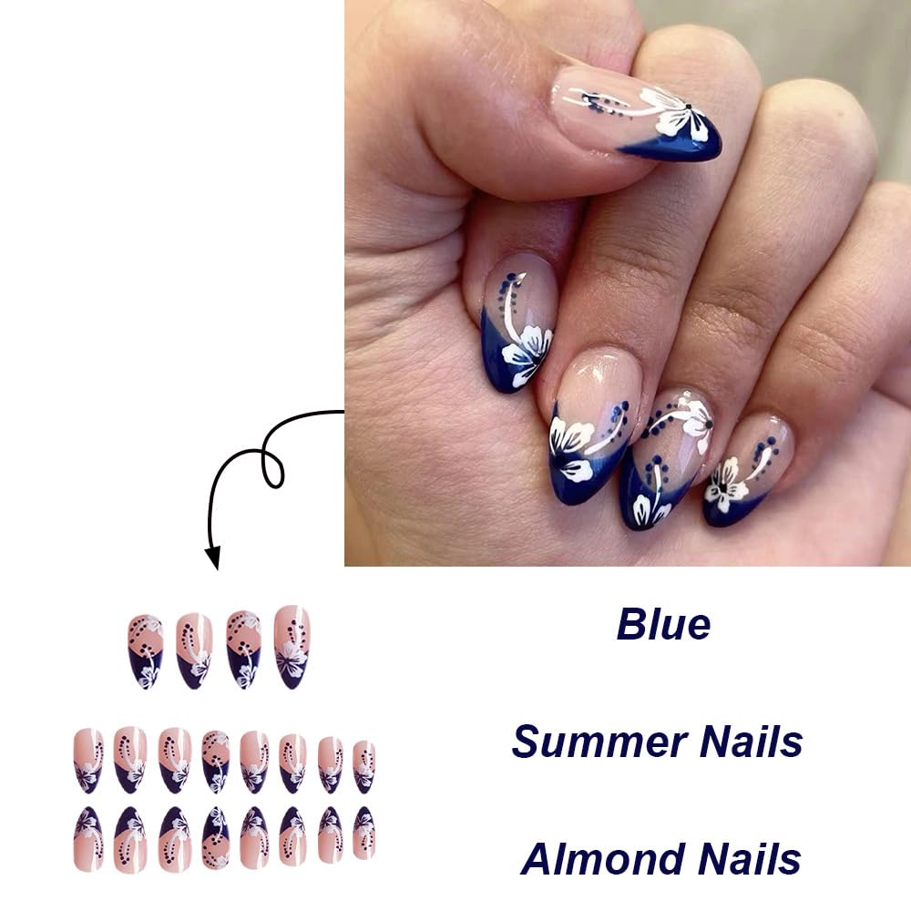 French Tip Press on Nails Nude Pink Fake Nails Almond False Nails with White Flowers Designs Blue Tip Glue on Nails Spring Summer Stick on Nails Full Cover Acrylic Nails Cute Artificial Nails - Image 6