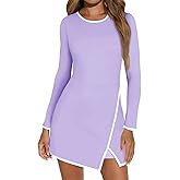 Fisoew Women's Workout Tennis Dress with Built-in Bra & Shorts Pockets Long Sleeve Crewneck Golf Athletic Mini Dresses