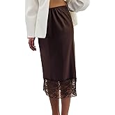 Women Silk Satin Half Slip Long Skirt Y2k Lace Trim Ruffle A Line Underskirt Elastic Casual Waist Under Dress