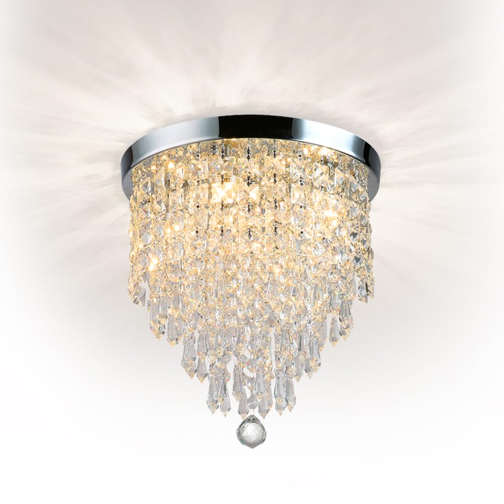 Depuley 3-Light Flush Mount Chandelier Light Fixture, Sliver Modern Chandeliers, Small Crystal Close to Ceiling Lighting for Bedroom, Hallway, Living Room, Kitchen(G9 Bulbs Not Included)