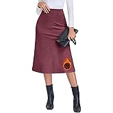 WOWENY Women's Fleece Lined Midi Skirt Elastic High Waist A Line Fall Winter Skirt Warm Soft Flared Skirts