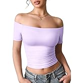 YEOREO Sophie Women Off Shoulder Crop Top Summer Short Sleeve T-Shirts Y2K Double Lined Fit Basic Tee Going Out Cute Tops