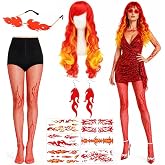 10 Pcs Halloween Fire Costume Accessory Set, Red Orange Flame Women Costume | Burning Flame Themed Wig Glasses Earring Fishnet Tight Stickers for Adult Halloween Fire Cosplay Party Outfits Accessories