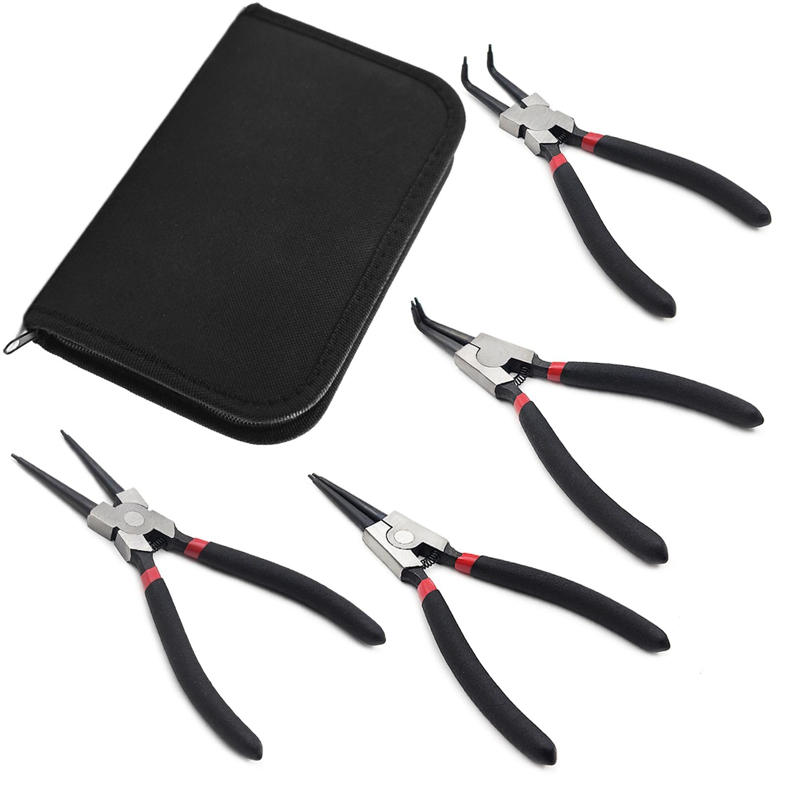 4 Pack 7" Snap Ring Pliers Set with Storage Pouch,Heavy Duty Internal/External Circlip Pliers Kit with Straight/Bent Jaw,Spring Loaded Pliers for Ring Remover Retaining