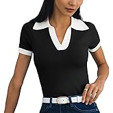 LAOARA Women's Polo Shirts Casual Short Sleeve V Neck Collared Colorblock Golf Shirt