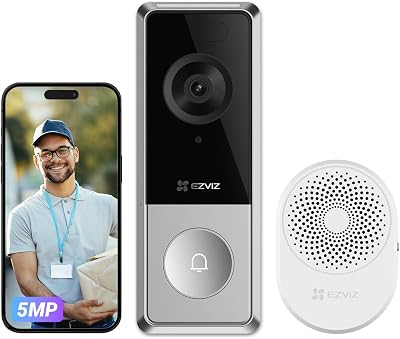 Campainha exterior sem fios CP8 com câmara de 5MP, sino incluído, deteção de pessoas, visão noturna a cores, bateria recarregável de 9600 mAh, áudio bidirecional, microSD/cloud, Wi-Fi 6 (2,4 GHz)