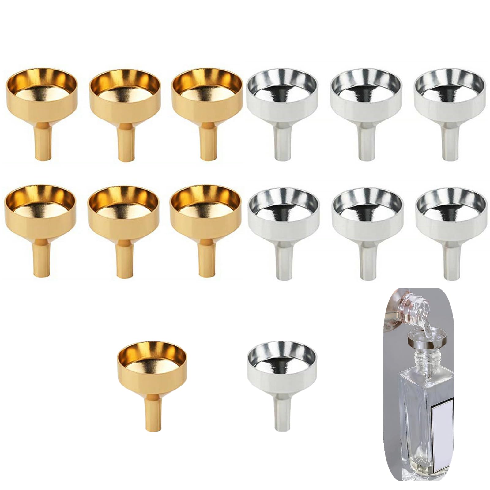 14 PCS Small Funnel Set Professional Mini Metal Funnel Filling Funnel Aluminium Tiny Funnel for Wine Pot Small Bottles to Transfer Liquids,Perfumes, Spices, Essential Oils(Gold+Silver)