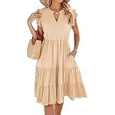 Womens Summer Dress Ruffle Sleeve V Neck Midi Dresses Casual Fit Flowy Tiered Boho Beach Vacation Sundress