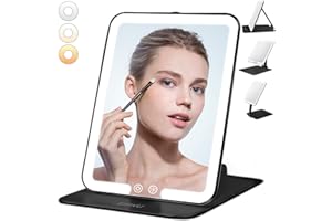 ESWU Travel Makeup Mirror with Light, Portable Folding Make Up Tabletop Mirror with 58 LEDs 3 Colors Light Modes Rechargable Compact Vanity Mirror with Adjustable Stand (Black)