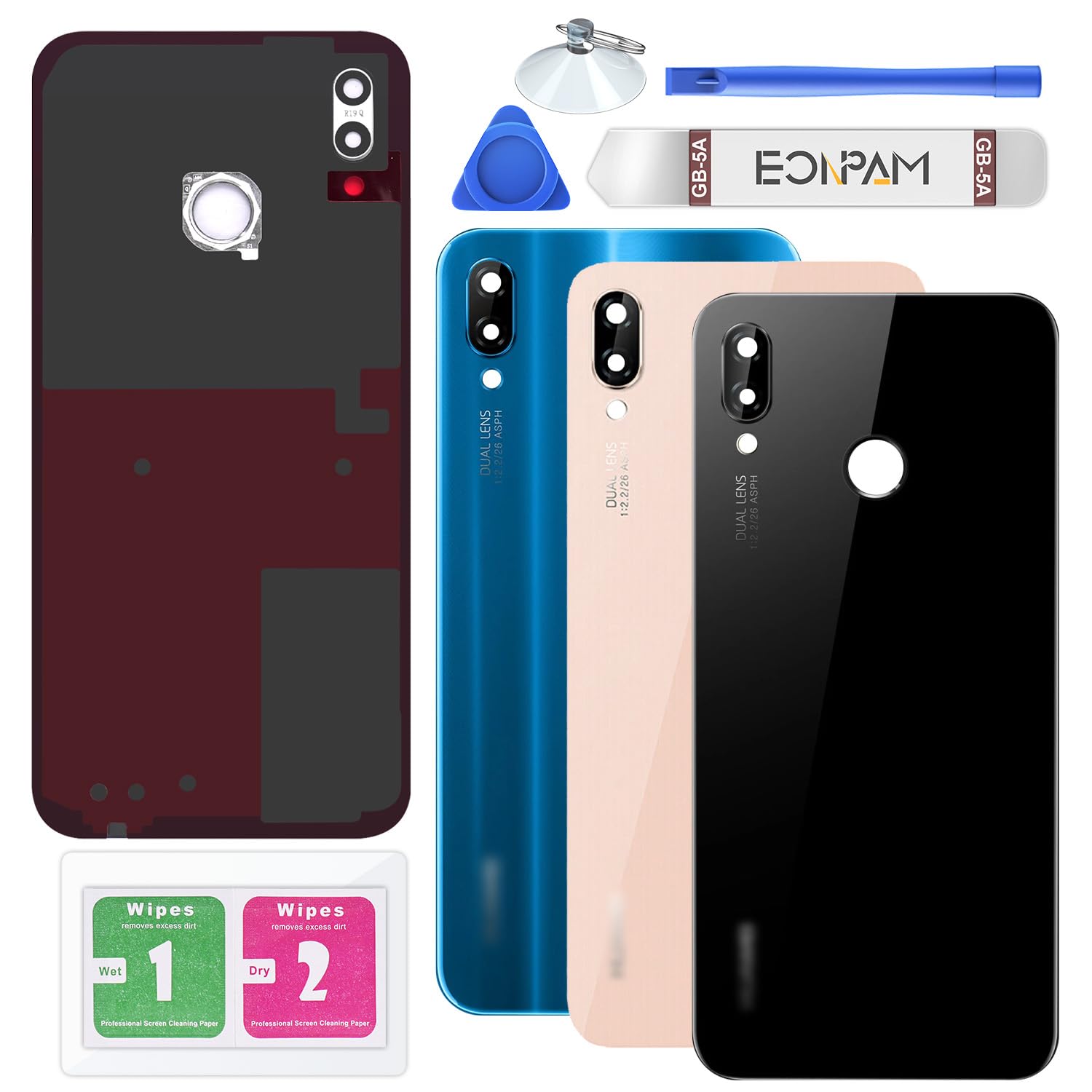 Eonpam Back Cover Glass for Huawei P20 Lite Rear Glass Replacement with Camera Lens + Repair Kit Genuine Rear Housing (Black)