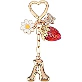 Sylixonae Strawberry Initial Keychain for Women-Cute Kawaii Gold Alphabet Bag Charms, Key chain Gift for Purse Handbag