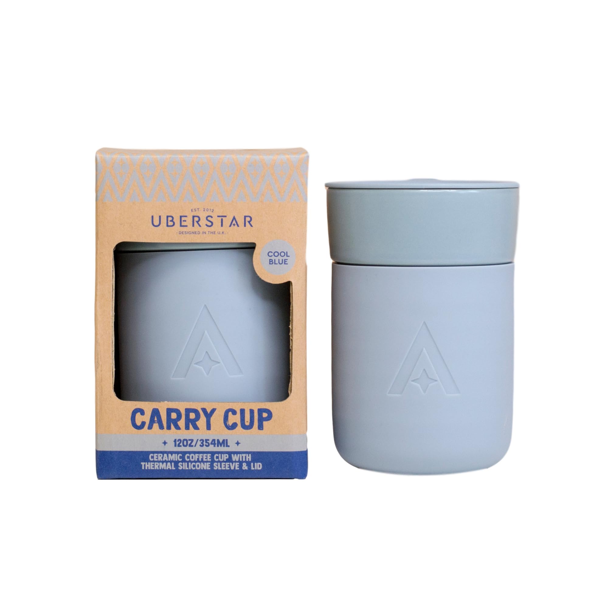 EST 2012 UBERSTAR BARWARE & GIFTS Carry Blue Insulated Ceramic Coffee Cup with Lid - 350ml