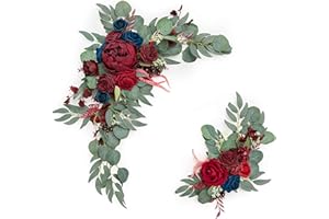 CDQL 2Pcs Wedding Welcome Sign Floral Decoration,Artificial Flower Swag Wedding Arch Decor, Wedding Flower Swag for Wedding Ceremony and Reception Arrangement (Dark red)