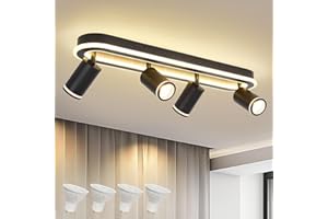 KAISSEN LED 4 Light Track Lighting Spotlight Kit, Black Ceiling Spotlights, Modern Track Light Fixture with Flexibly Rotatable Light Heads, 50W+20W Dual Lighting for Kitchen Living Room,Includes 4 x GU10 Bulb