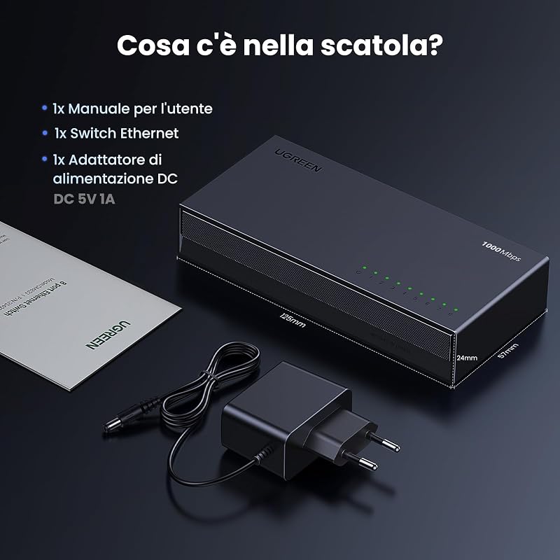 Switch di Rete Ethernet 8 Porte Velocità 10/100/1000 Mbps
