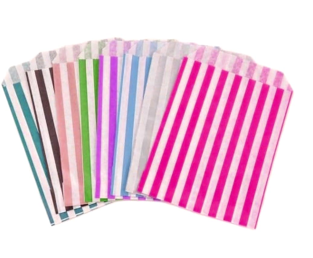 ezkart Pack of 200 - Assorted Striped Candy Paper Bags is perfect for Wedding Cake Gift Shops, Kids Parties, Popcorn, Sweet and Biscuit (Mixed, 200 Bags)