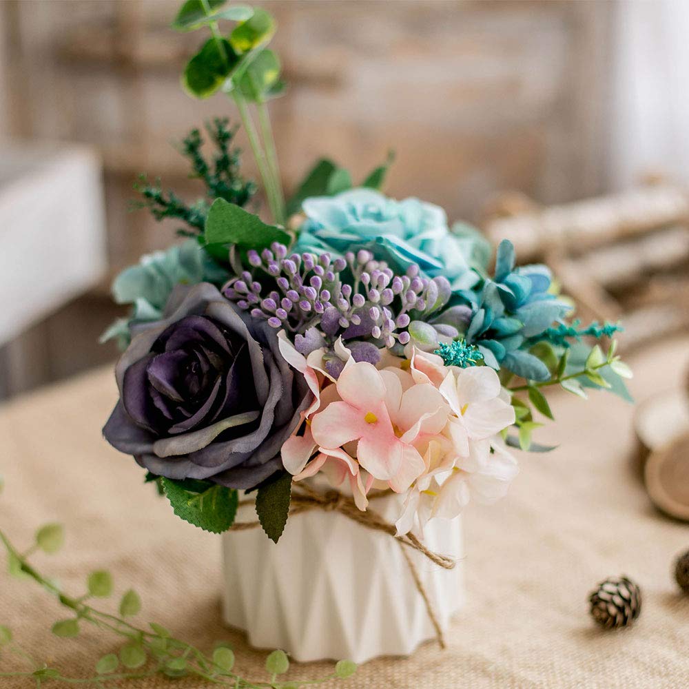 TKAS Artificial Flowers Fake Flowers Silk Rose Bouquets Decoration with Ceramics Vase for Table Home Office Wedding (Mix Color-2)
