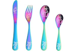 Personalized Dinosaur Unicorn Cutlery Set of 3/4, Laser Engraved Custom Name Engraved Spoon Knife Fork Set - 8 Colors Childre