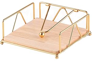 Metal Napkin Holder with Weighted Tension Arm & Wooden Base, Rustic Dispenser for Table & Kitchen, Gold