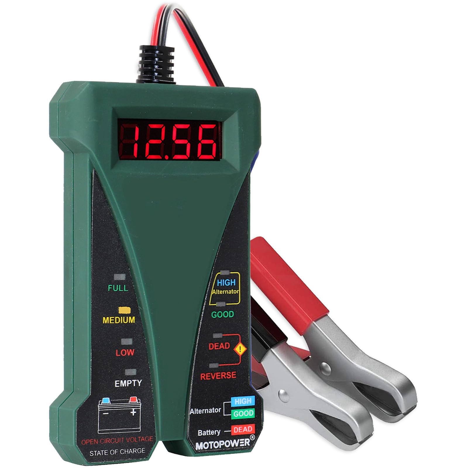 MOTOPOWER MP0514E 12V Digital Battery Tester Voltmeter and Alternator Charging System Analyzer with LCD Display and LED Indication, Midnight Green Rubber Paint