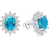 AIBAO Genuine Turquoise/Malachite Stud Earrings for Women Sterling Silver Princess Diana Class Oval Gemstone Halo Earrings Western Jewelry Anniversary Christmas Gift