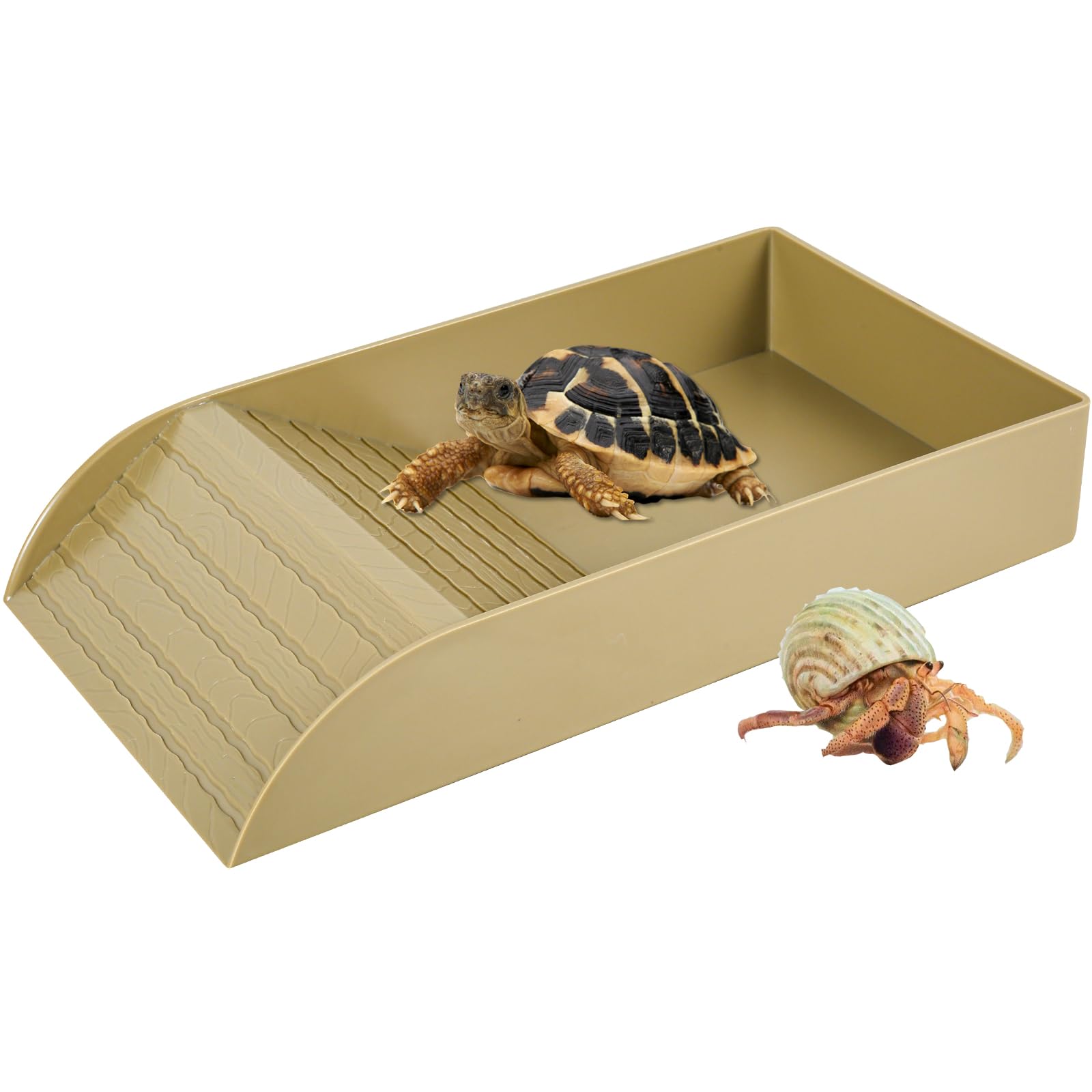 Tortoise Water Dish, Tortoise Bath Dish, 36x20x6cm Anti Slip Reptile Pool Bowl with Ramp,Reptile Feeding Box Dish, Plastic Turtle Water Bowl, Tortoise Habitat Accessories for Basking Feeding (Wood)