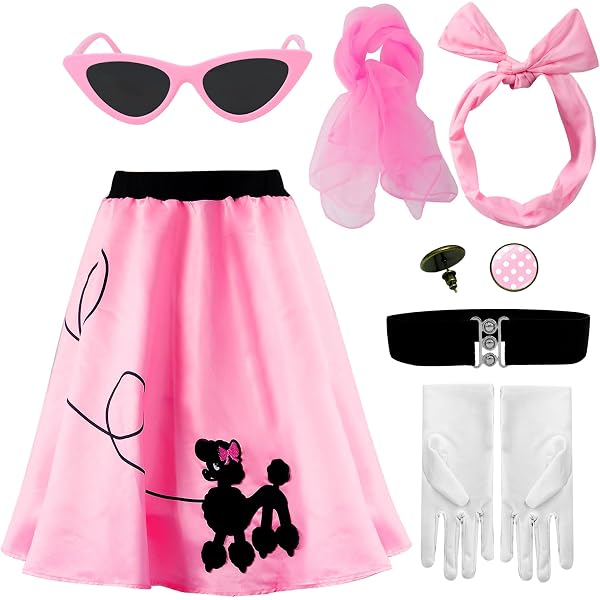 Disfraz Falda Caniche Años 50 Para Mujer - Juego De 4 Piezas Con Bufanda Y Gafas, Ideal Para Halloween Y Fiestas Temáticas