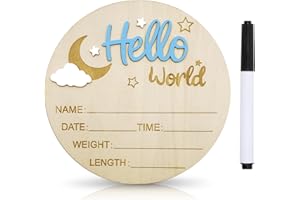 DUOJINSANXI Baby Announcement Sign, 5.9 Inch Wooden Hello World Newborn Signs, Birth Announcement Sign and Pen, Moon and White Cloud Decoration, Welcome Newborn Arrival to World, Hospital Nursery for baby (Blue)