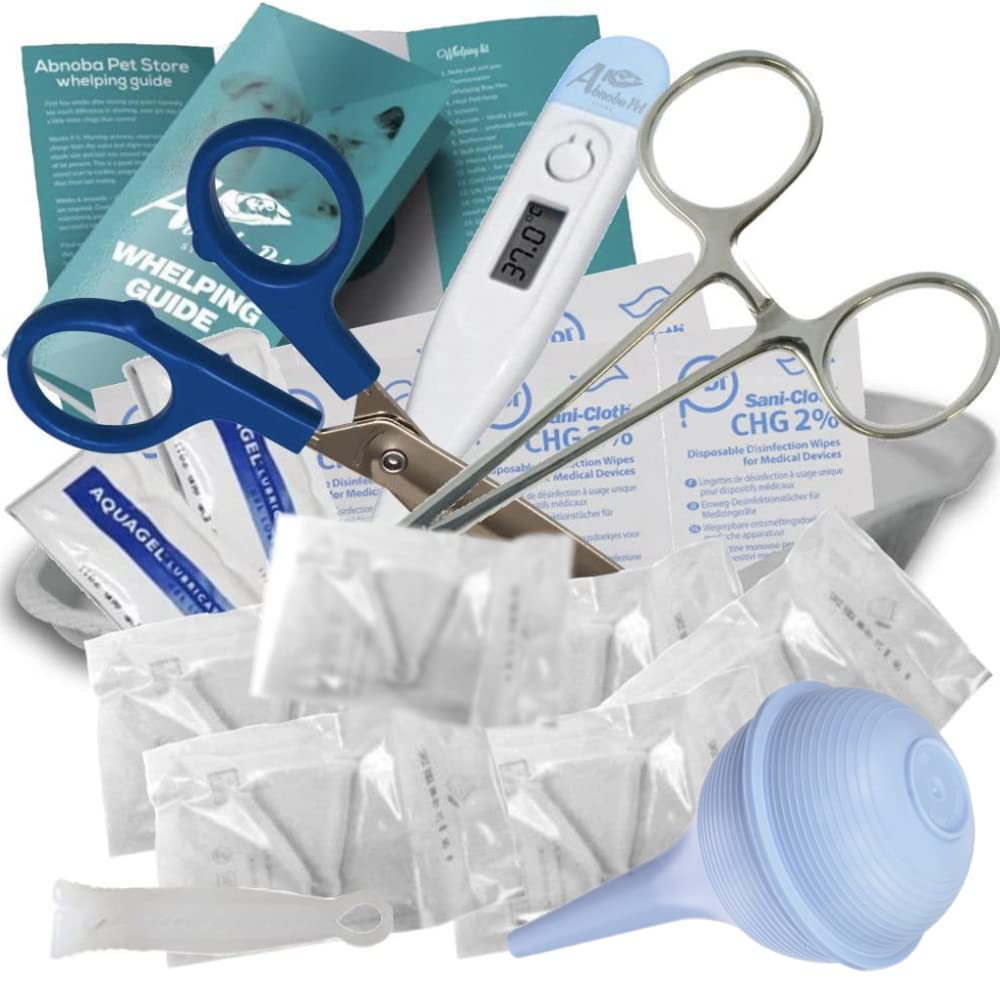 Alpha Dog Puppy Whelping Kit - Complete Birthing & Newborn Care Set with Bulb aspirator, Scissors, Cord Care, Thermometer, Full Puppy Welping & Delivery Kit - Abnoba Pet Store (849)