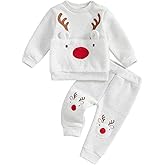 BemeyourBBs Toddler Baby Boy Girl Christmas Outfit Reindeer Fleece Lined Shirt Pants Set 2 Piece Infant Cute Winter Clothes