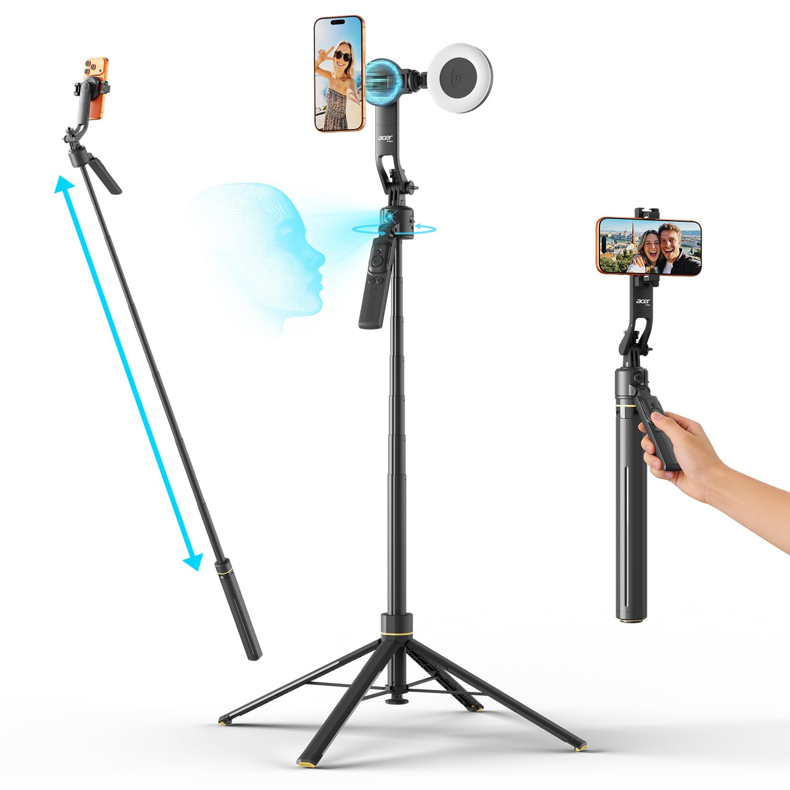 Acer Gadget Auto Face Tracking Tripod for iPhone – Magnetic Phone Mount Gesture Control Detachable Mini Ring Light 64" 360 Degree AI Tracking Phone Tripod for Vlogging YouTube TikTok Video Recording