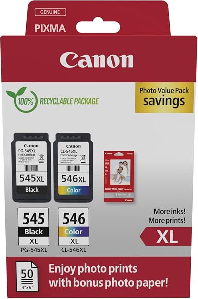 Canon PG-545 XL CL-546 XL Value Pack with Photo Paper 50 sheets