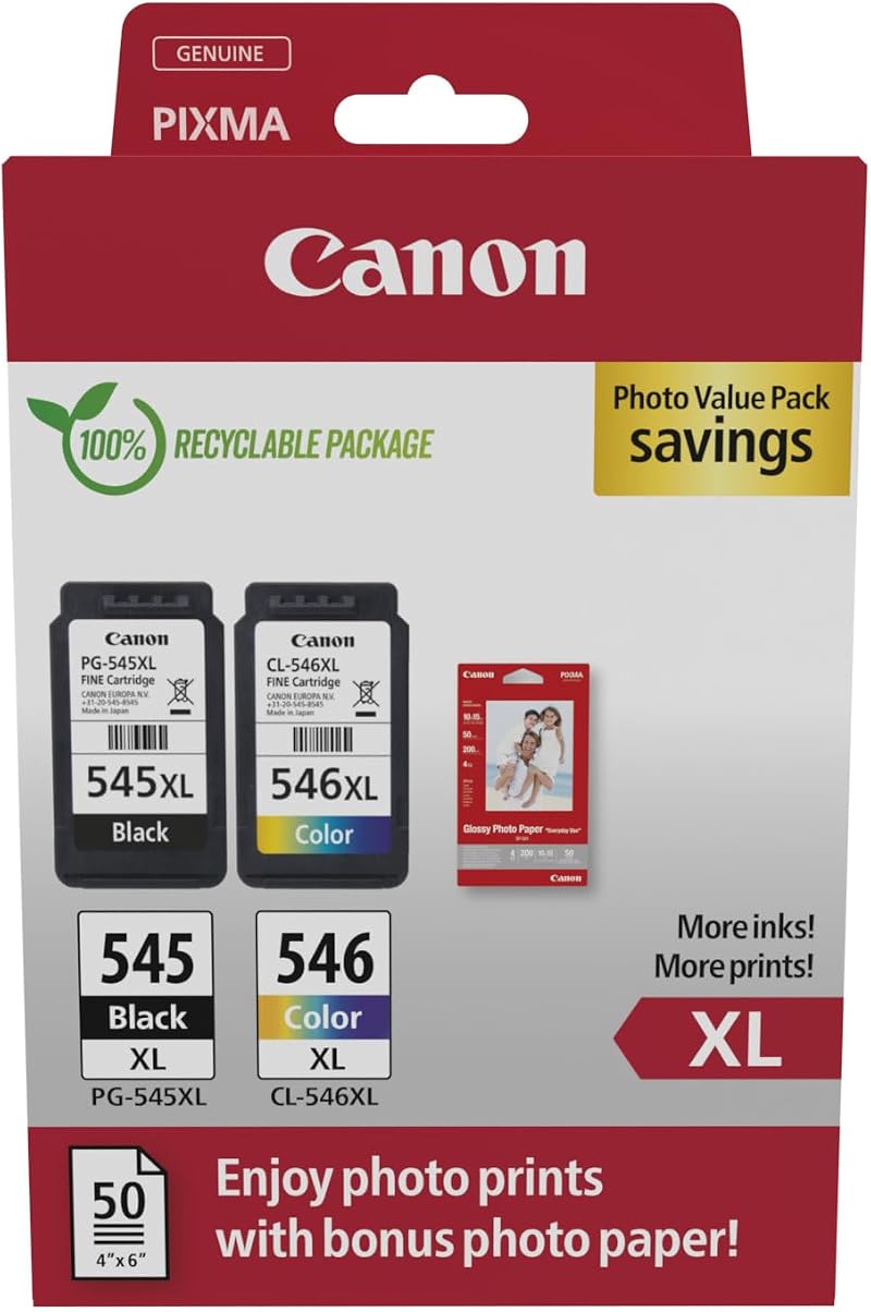 Canon PG-545 XL CL-546 XL Value Pack with Photo Paper 50 sheets