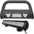 Matte Black Studded Mesh Bull Bar Brush Push Front Bumper Grill Grille Guard with Skid Plate + 120W CREE LED Fog Light Compatible with 99-04 Ford F250 F350 F450 F550 Superduty / 00-04 Excursion