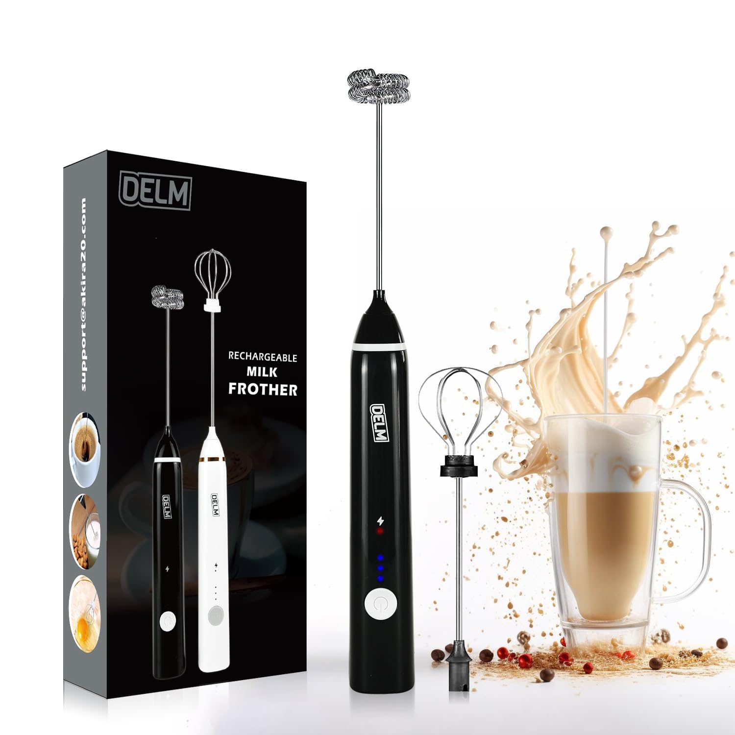 DELM Electric Milk Frother, Coffee Frother, Rechargeable, Drink Mixer, Handheld Frother, Mixer, Kitchen Aid, Hand Mixer, Electric Mixer, USB Rechargeable, Bulletproof (Black)