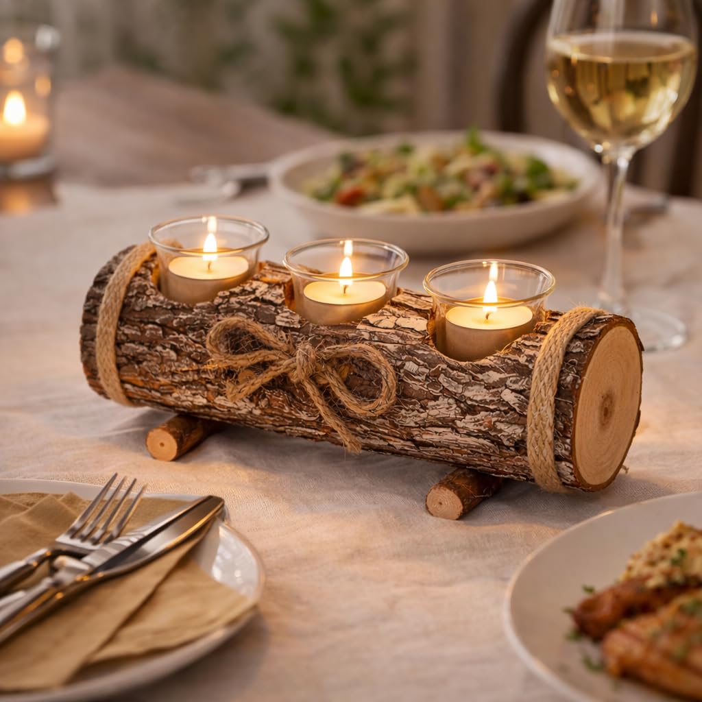 HomeZone Rustic Wood Effect Triple Tealight Candle Holder Log Style Centrepiece with 3 Glass Tea Light Cups & Tealights Included, Farmhouse Woodland Table Decoration