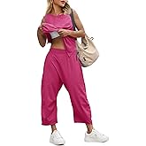 Fisoew Women's Summer 2 Piece Outfits Sleeveless Tank Tops Wide Leg Pocketed Pants Workout Sweat Sets