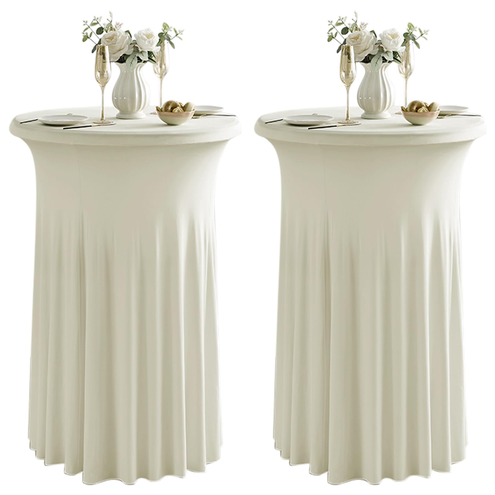 Photo 1 of Qubjus 2 Pack Round Cocktail Tablecloths with Skirt Stretch Spandex Table Cover 24"x43" Cocktail Round Tablecloth for Party Wedding Birthday Banquet, Beige