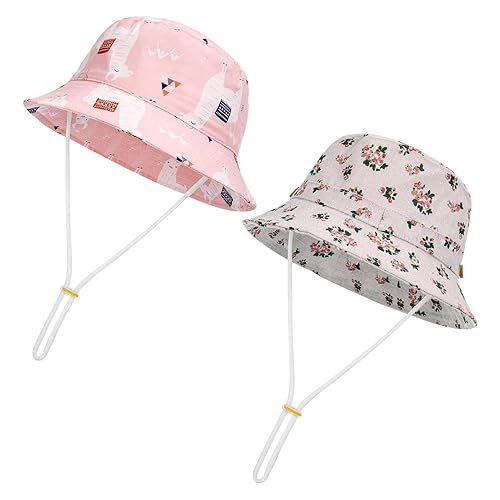 2 Pieces Toddler Sun Hat Kids Bucket Sun Hat Baby Cute Print Summer Sun Hat with Adjustable Head Drawstring and Chin Strap Outdoor Kids Summer Protection Bucket Hats,1-3 Years White