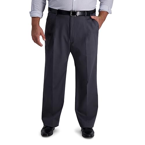 Haggar Men's Iron Free Premium Khaki Classic Fit Flat Front Expandable Waist Casual Pant (Regular and Big & Tall Sizes), Dk Grey-BT, 56W x 30L
