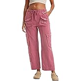 GREAIDEA Cargo Pants for Women Low Rise Drawstring Waist 7 Pockets Hiking Work Wide Leg Pants with Zipper Button Closure Pink