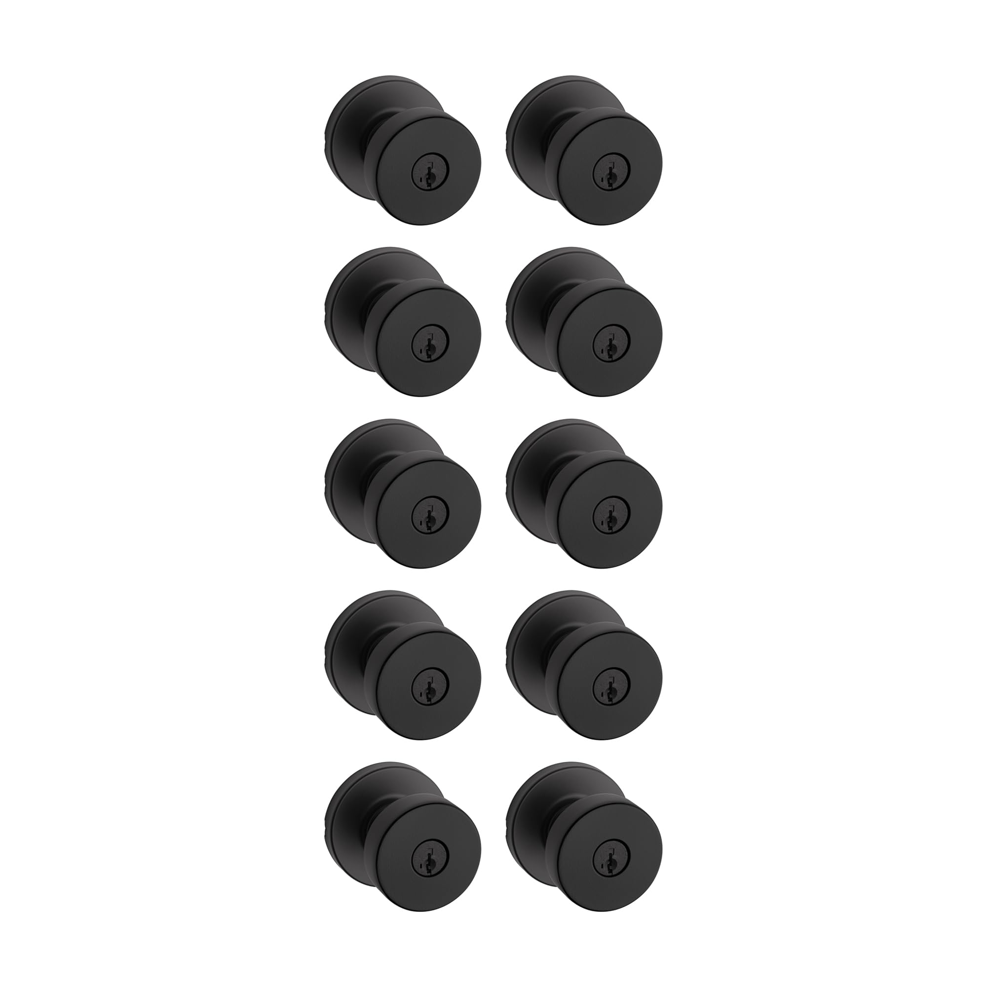 Kwikset Pismo Entry Door Knob with Lock and Key, Secure Keyed Handle Exterior, Front Entrance and Bedroom, Matte Black, 10 Pack, Pick Resistant SmartKey Rekey Security and Microban Image
