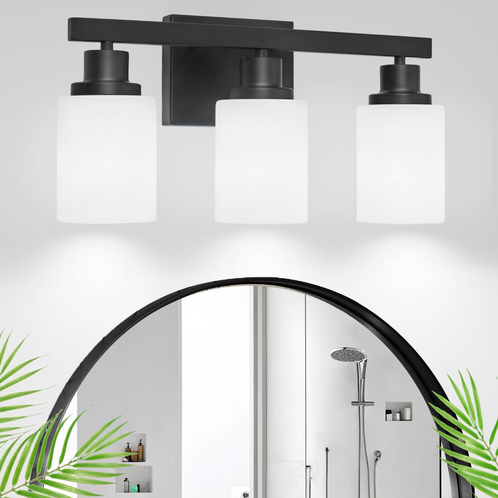 Photo 1 of DIKAIDA 3-Light Bathroom Light Fixtures Over Mirror, Modern Matte Black Vanity Lights with White Frosted Glass Shade, Bathroom Wall Lamp Sconces for Mirror Bedroom, Living Room Hallway