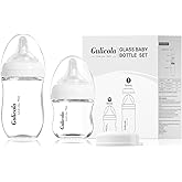 Gulicola Natural Glass Baby Bottle Newborn Set, 3 oz and 5 oz with Extra Slow Flow & Slow Flow Nipple, Anti Colic, 0-3 Months, 2 Pack - White