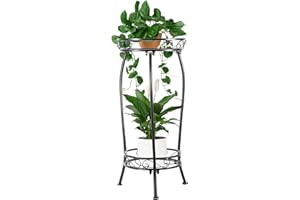 Kavlium Plant Stand Indoor Outdoor, Tall Black Metal Rustproof Stable Plant Stands, 2 Tier 27.1 inch Multiple Plant Rack Hold