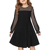 Haloumoning Girls Contrast Mesh Long Sleeve High Waist A Line Short Dress with Pockets 4-14 Years
