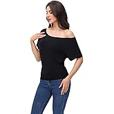 Womens Oversized Ruched Tops Casual T Shirts Dolman Short Sleeve Shirts Boat Neck Summer Off Shoulder Regular Plus Size