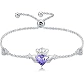 Wildari Claddagh Bracelet 925 Sterling Silver Irish Claddagh Bracelet with 12 Months Heart Birthstone Irish Good Luck Jewelry Gifts for Women