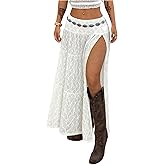 RoseSeek Women's Western Boho Lace Maxi Skirt Low Rise High Slit Flowy Country Cowgirl Skirts Trendy Outfits